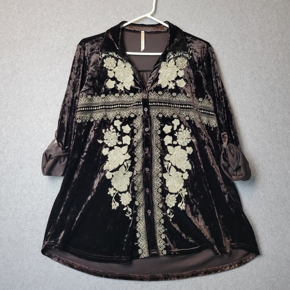 Michael Farrell Brown Velvet Floral Embroidered Button Up Blouse Women M Stretch
